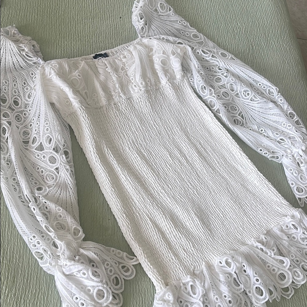 PrettyLittleThing White Lace Dress with Ruffle Hem